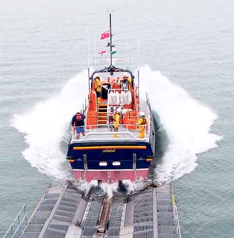 Angle’s Tamar class lifeboat launches to join the open day parade of veteran lifeboats. Photo: RNLI Angle.
