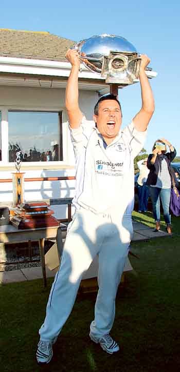 Haverfordwest captain, Danny Potter lifts the Harrison Allen Bowl aloft.