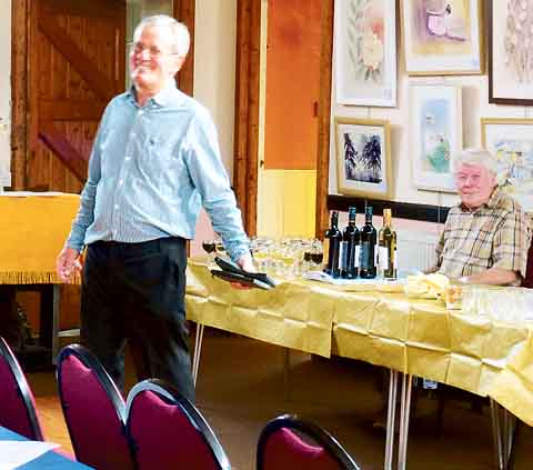 Philip Marsden, treasurer of the Arts Club, with Tony Brown in charge of refreshments. Pic. Roz Oak