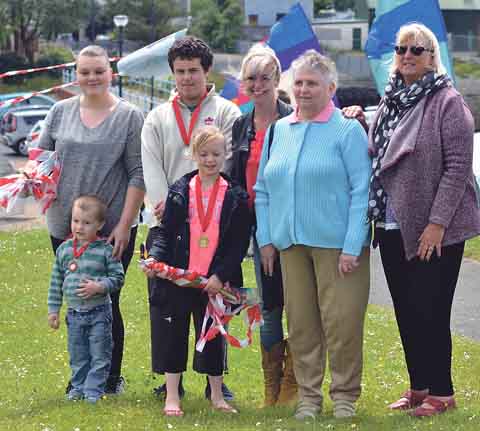 Some of the winners, Hannah and Sam Charles (third), Jared Pooley (second), Jemima Parry (first) with Margaret Brown, of the Civic Society, and Sue Perkins, festival committee.