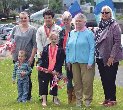 Some of the winners, Hannah and Sam Charles (third), Jared Pooley (second), Jemima Parry (first) with Margaret Brown, of the Civic Society, and Sue Perkins, festival committee.