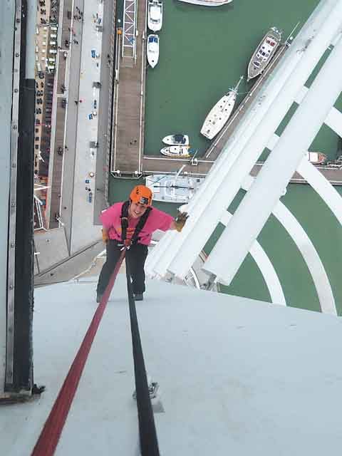 Sue Taylor abseiling the Spinnaker Tower.
