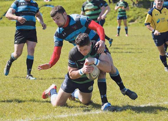 Ollie Reyland about to touch down for his try. Pic. Elwyn Davies