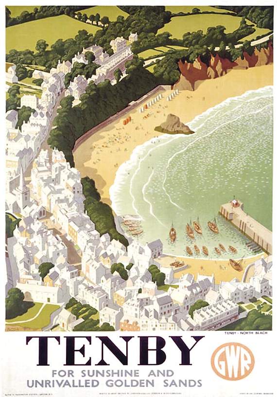 A sign of things to come: GWR Vintage Travel poster by Ronald Lampitt, 1946, a replica of which can be purchased from as little as £15 on TravelPostersOnline.com . The website tells how in the 1940s Tenby paid 75% towards the cost of the railway poster to help promote its North Beach.