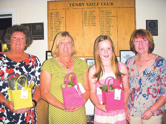 Ladies’ captain Irene Gilman (right) is seen with the main category winners on her Captain’s Day, from left: Geogina Ormond, overall winner, Sue Shooter, Division One winner, Nell Allen, Division two winner.