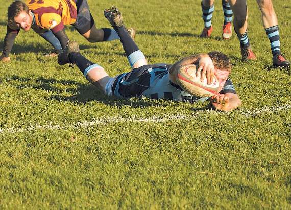 James Bain about to touch down for his first try. Pic. Elwyn Davies