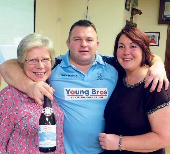 Man of the Match was Jake Simm. Jake had left before the presentation, so Justin Hughes received the bottle of G. D. Harries Bubbly from Gwen Brenchley and Natalie Bowen, of match sponsors Narberth Ladies in aid of Lymphoma, and promptly gave the bottle back to the ladies. Pic. Stephen Thomas