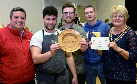 Proudly pictured with the cawl championship winner’s shield are The Boathouse team of Guiseppe Trimarco, Dylan Griffin and Leigh Evans. With them are Saundersfoot Chamber for Tourism chairman, Phil Odley, and Saundersfoot Community Council chairman, Sue Boughton-Thomas.