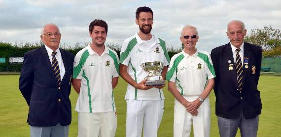 Open Triples winners Mike John, Andrew Evans and John Rees (Whitland) with competition secretary David Summers (left) and senior vice-president Jim Thomas (right).