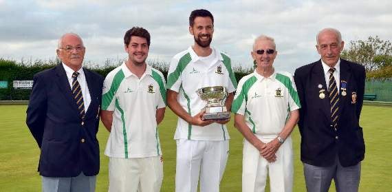 Open Triples winners Mike John, Andrew Evans and John Rees (Whitland) with competition secretary David Summers (left) and senior vice-president Jim Thomas (right).
