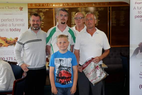 Winners Ryan Thomas (left) and Andrew Evans (right) are seen with organiser Paul Blayney (second right), Simon Rossiter, of sponsors W. and M. J. Rossiter and Sons, and Lewis Rossiter at the front.