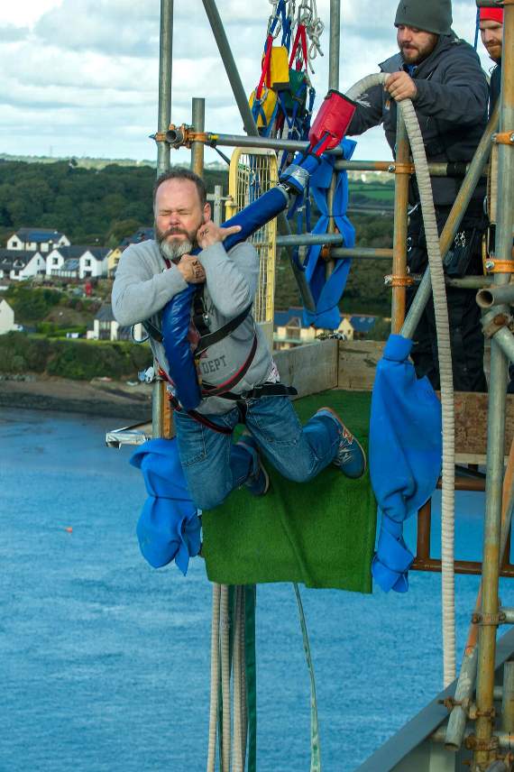 Event sponsor Ian Gravell, of Gravells Kia, Narberth, is bungee jumping again this year, so it can’t be all that bad! Photo: Skycam Wales