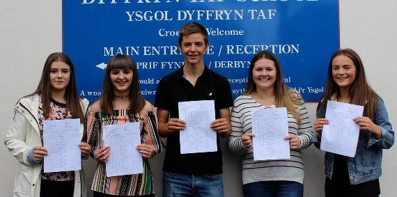 All smiles from Ysgol Dyffryn Taf GCSE students Toni Harries, Ceulyn Davies, Hywel Jackson, Nia Loren and Elin Jones.
