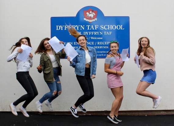 Jumping for joy with their GCSE results were Ysgol Dyffryn Taf students Zara Nicholas, Emily Dilks, Kirsty Davies, Elin Thomas and Chloe Harry.
