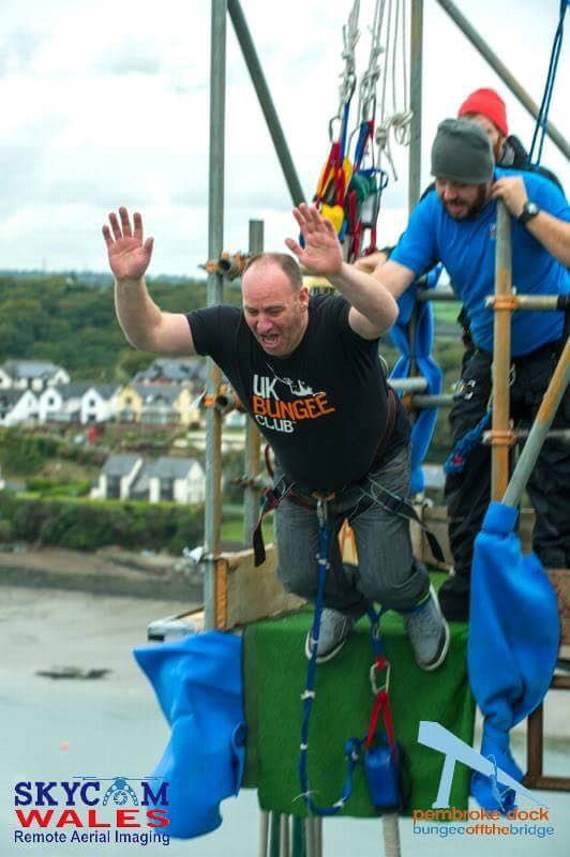 Event organiser James Parfitt, of Parfitts Carpet, is also jumping again this year to raise money for the VC Gallery, did he get a helping hand from the bungee crew last year?! Pic. Skycam Wales