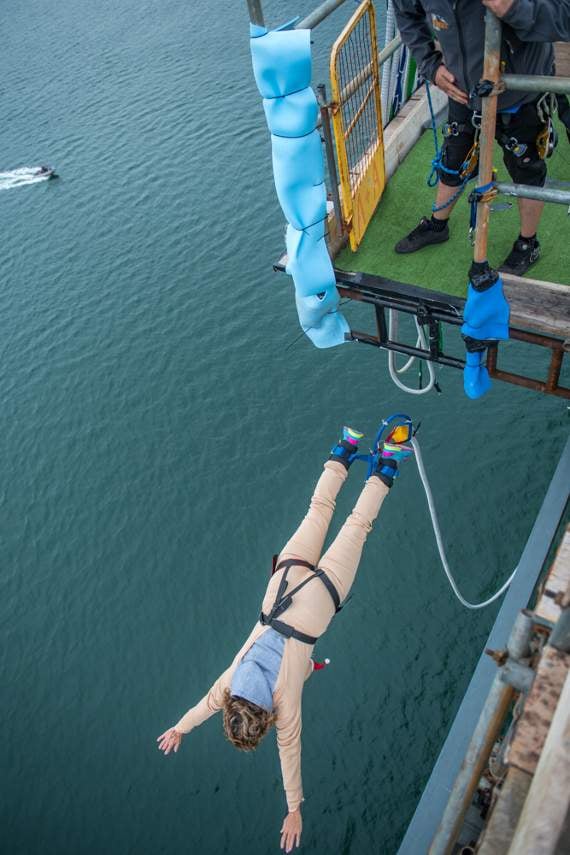 Bungee jumping off the Cleddau Bridge.