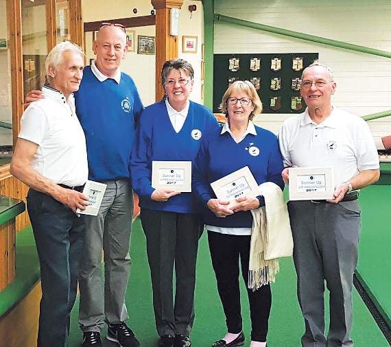 Runners-up Penally (from left: David Fisher, SPSMBA chairman Norman Hogg, Linda Law, Mary-Jo Steele, Gordon Williams) with their trophies, who were gallant in defeat.