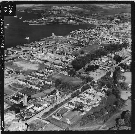 RAF Pembroke Dock in May 1943, at the height of the Battle of the Atlantic. The shadow of a Sunderland can be seen on what is now the South Pembrokeshire Hospital. Pics. Sunderland Trust