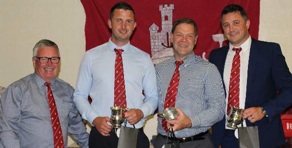 Senior coaches Geraint Lewis and Kyle Davies) and team manager (Nick Shiels) awarded tankards by J.Richards.