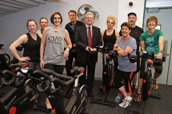 Pictured are some of the Pembrokeshire County Council staff with Tina following the spinning class, with Cllr David Simpson, Council Leader.