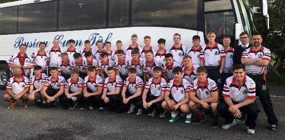 Early 7am start for the boys wearing their new travelling tops sponsored by Sion Brace of Caldey Construction.