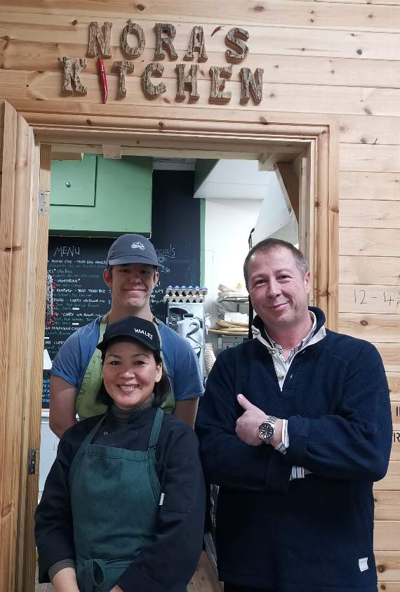 Ben Wilkes with co-owner’s Richard Gower and Nora?Gower at the Tenby market based eatery (Observer pic)
