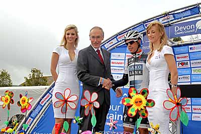 West Somerset Railway chairman Mark Smith with Richie Porte of Team Saxo Bank, who led the