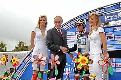 West Somerset Railway chairman Mark Smith with Richie Porte of Team Saxo Bank, who led the