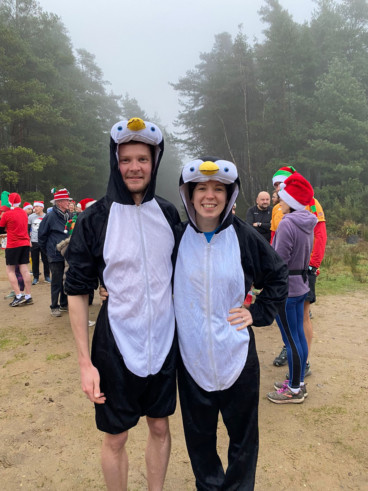 Above: Dave and Nicola Jarrett at the Christmas Day Hogmoor parkrun
Below: Runners celebrating their success at the Great South Run