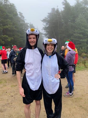 Above: Dave and Nicola Jarrett at the Christmas Day Hogmoor parkrun
Below: Runners celebrating their success at the Great South Run