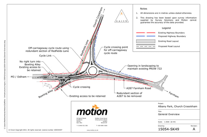 A plan of the new road layout at the A287 (Farnham Road) / Redfields Lane roundabout near Church Crookham 