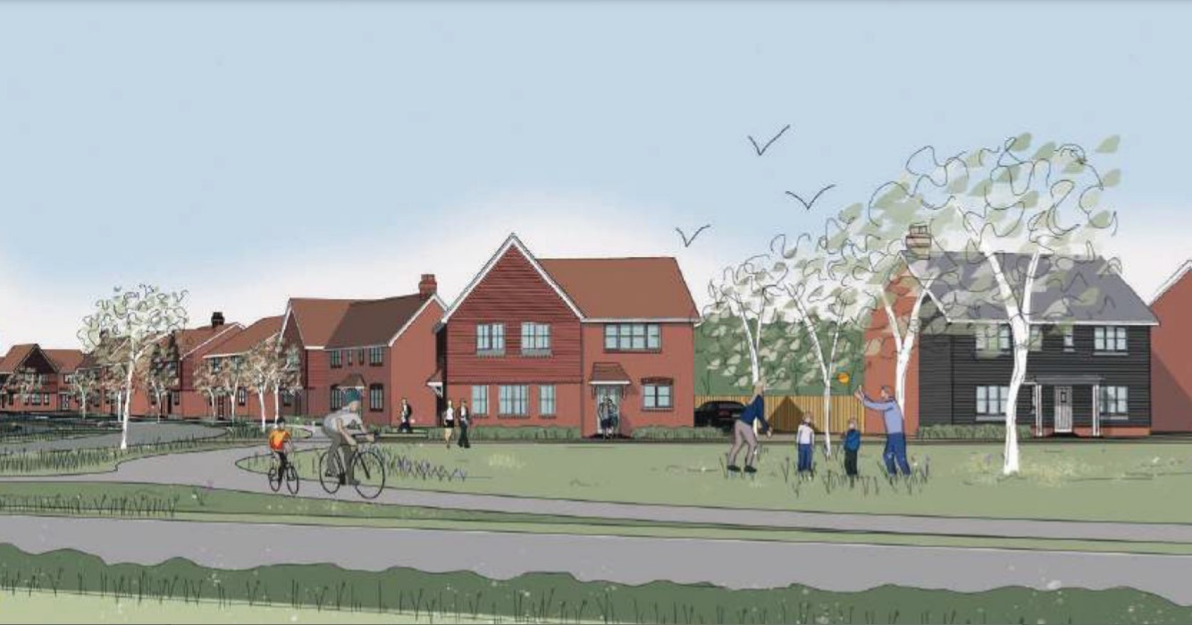 <p>Illustrative view looking north across the entrance green of Alfold development</p>