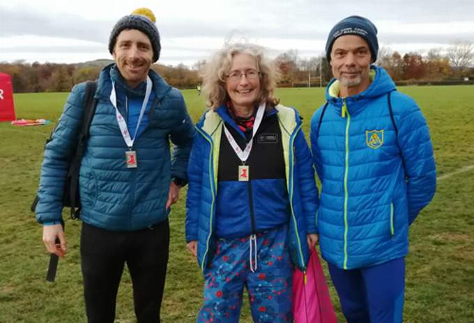 Owain Schiavone, Maggie Collingborn and Damian Sidnell at the Welsh Inter-Regional Cross Country Championship