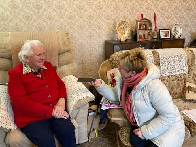 Owena James, Cangen Cylch Aeron talking with Sian Thomas