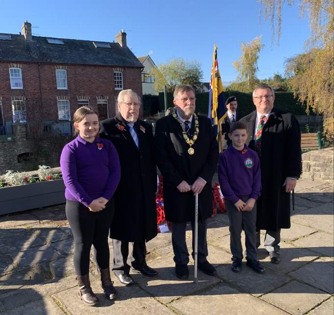 Cerys Bufton-Davies and Tyler Lambert of Ysgol y Mynydd Du along with school governor and Talgarth Town Councillor Malcolm Dodds, Mayor of Talgarth Cllr Philip Lewis and Cllr Powell who is also governor at Ysgol y Mynydd Du and Gwernyfed High School - photo by Amanda Lewis.