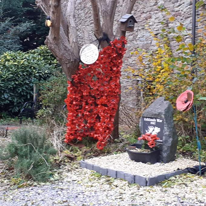 The completed poppy cascade in Brecon Peace Garden - supplied by Jules Welch of Brecon Hive