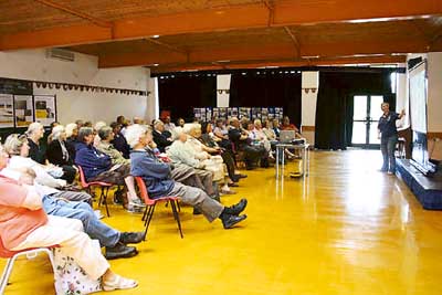 A large audience listens to Polly Groom’s talk on  Pembroke’s Prehistory.