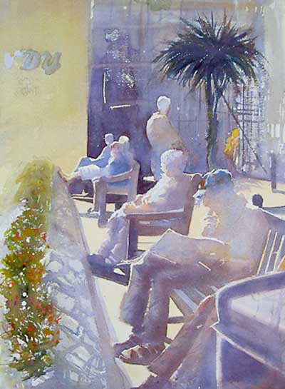 ‘Taking the sun, Tenby’ in watercolour by John Phillips.