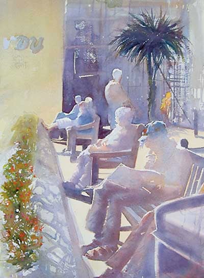 ‘Taking the sun, Tenby’ in watercolour by John Phillips.