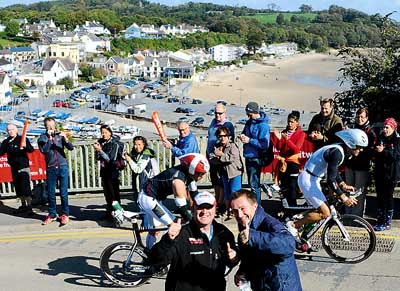 A spectacular scene at St. Bride’s Hill, Saundersfoot, renamed ‘heartbreak hill’ for the cyclists! In the foreground, race directors, Scott Powell (left) and Matthew Evans give the event the thumbs up. Pic. Gareth Davies Photography