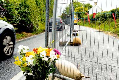 Flowers laid on the roadside outside the home of victim Angela Dries-Jenkins. Pic. Gareth Davies Photography