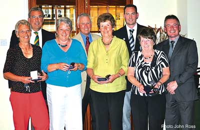Friday’s ladies’ team of four winners, Rita Collins, Mel Smith, Marion Clarke (Tenby) and Emily Fletcher (Bramhall), with club vice-captain David Blackmore, captain John Gillespie, professional Rhys Harry and Chris Hughes, of sponsors T. P. Hughes.