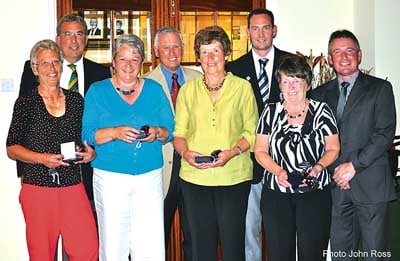 Friday’s ladies’ team of four winners, Rita Collins, Mel Smith, Marion Clarke (Tenby) and Emily Fletcher (Bramhall), with club vice-captain David Blackmore, captain John Gillespie, professional Rhys Harry and Chris Hughes, of sponsors T. P. Hughes.