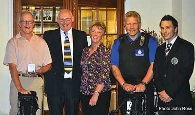 Tuesday’s fourball better ball men’s winners, Robert Amphlett (Guadet Luce) and Jim Moffatt (Tenby), with Peter Turton, of sponsors FBM, ladies captain Anita Davies and assistant professional Tom Hilling. Pic. John Ross