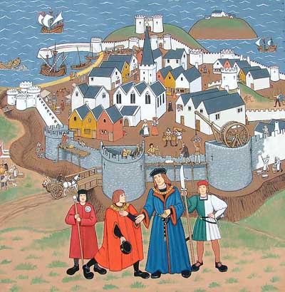 The re-building of Tenby’s town walls in 1457 - as depicted on one of the new painted cloths at Tudor Merchant’s House, Tenby.