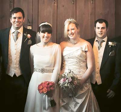 Brett and Tess (left) with Sophie and Francis on their double wedding day. Pic. James Van Nguyen