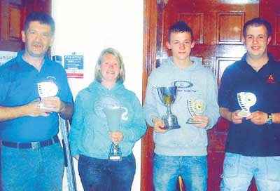 From left: Top C League player - Steve Lewis (White Horse A); top lady - Emma Cleevely (SSSC A); top B League player and overall of the season - Tony Evans (RAOB B); top A League player - Ben James (Dingle).