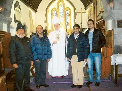 Visitors from Nepal with Bishop Wyn at Jeffreyston Church on Sunday.
