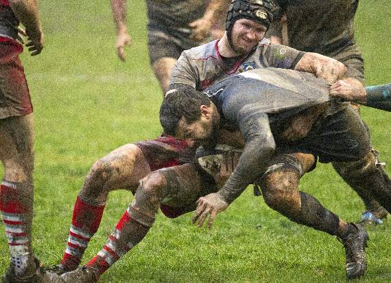 Richie Rees being pulled down just five metres short of the try line. Pic Elwyn Davies