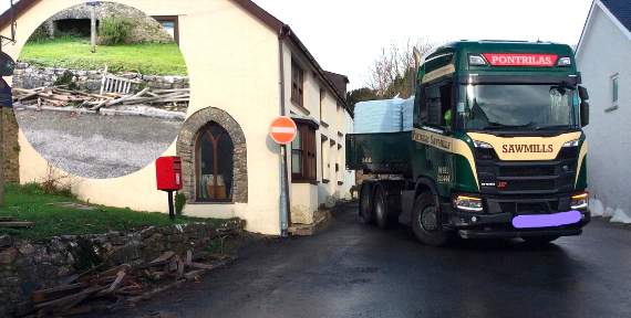 The lorry took over three hours to exit the village, demolishing memorial benches in the process (pictured inset)